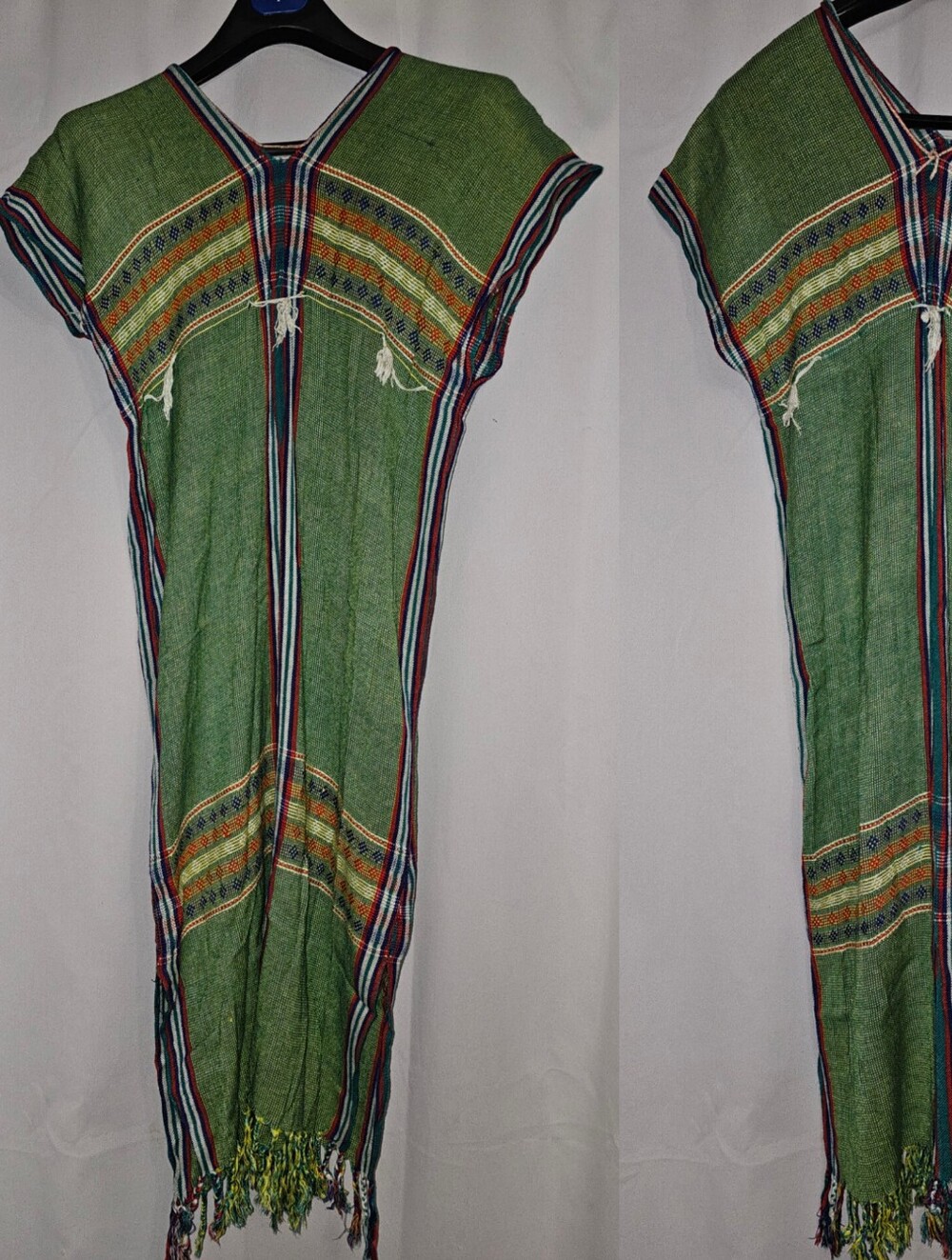 Handmade Thai Hill Tribe Karen Cotton Dress Tunic Fringe Green Multi One Size